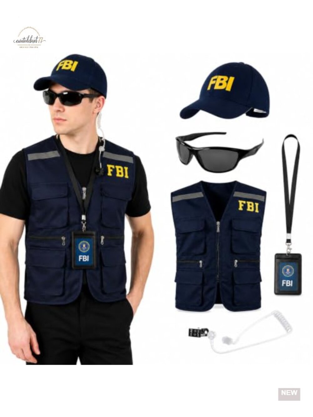 FBI Agent Costume Set 5 Piece Vest Hat Sunglasses ID Badge Adult Cosplay